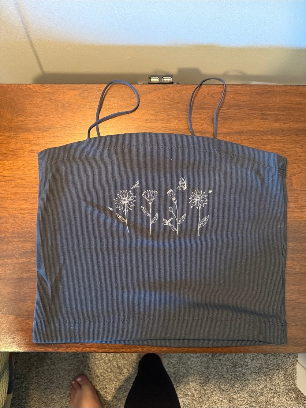 Black Ribbed Cami Top with White Floral Embroidery